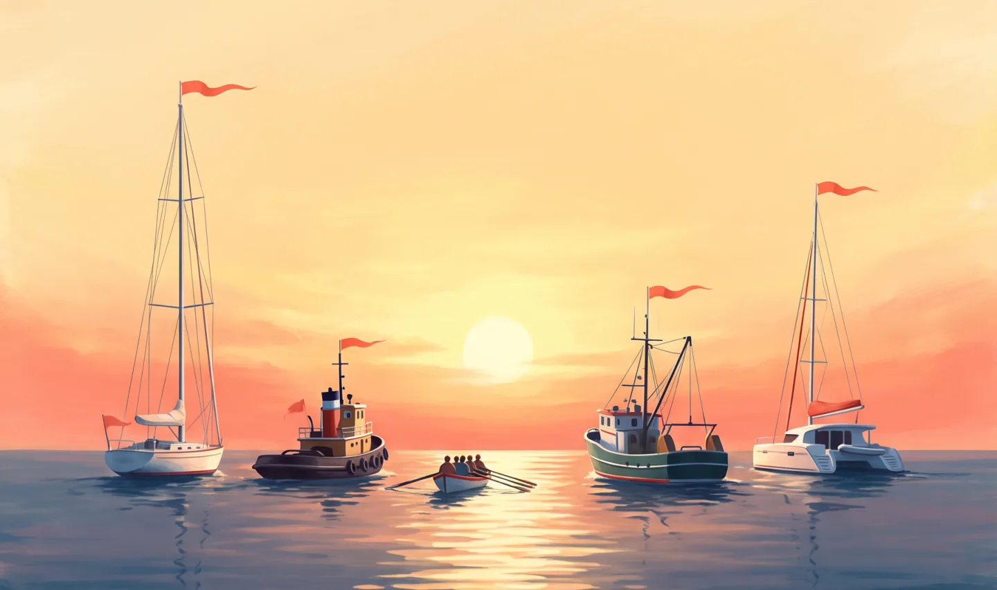 A fleet of different boats — a sailboat, a tugboat, a rowboat, a trawler — sailing together toward a coral and gold sunrise, each flying the same small red pennant